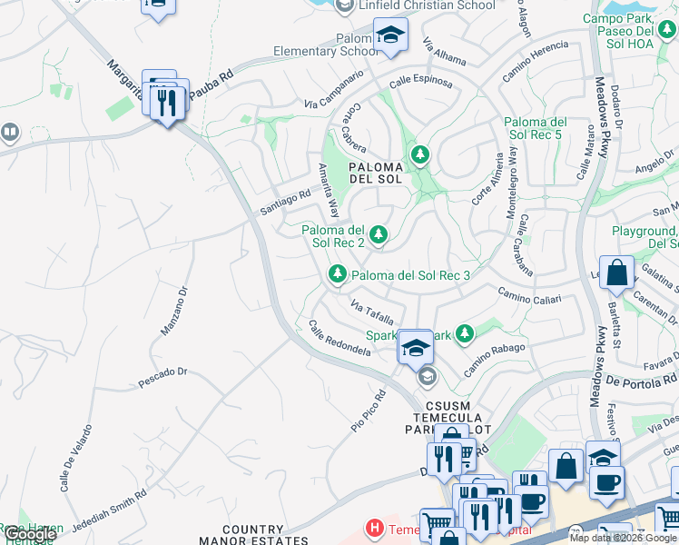 map of restaurants, bars, coffee shops, grocery stores, and more near 43515 Corte Barbaste in Temecula