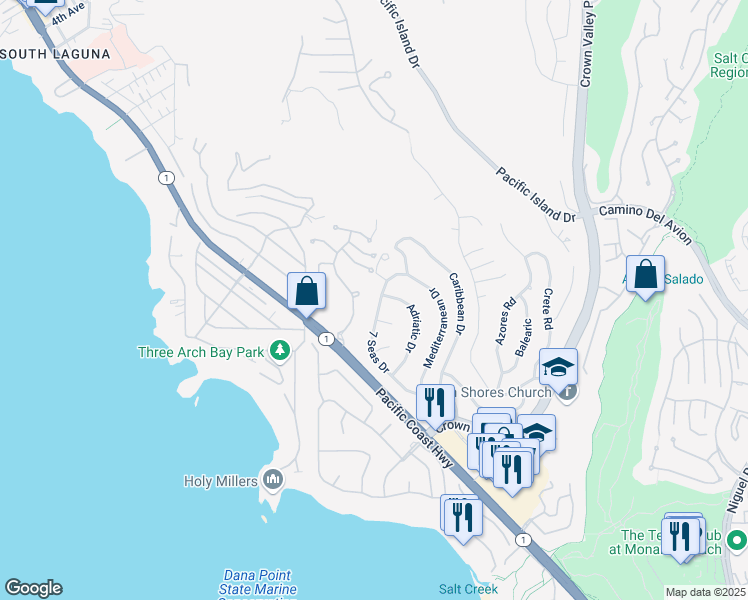 map of restaurants, bars, coffee shops, grocery stores, and more near 32491 7 Seas Drive in Dana Point