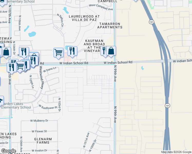 map of restaurants, bars, coffee shops, grocery stores, and more near 10107 West Indian School Road in Avondale