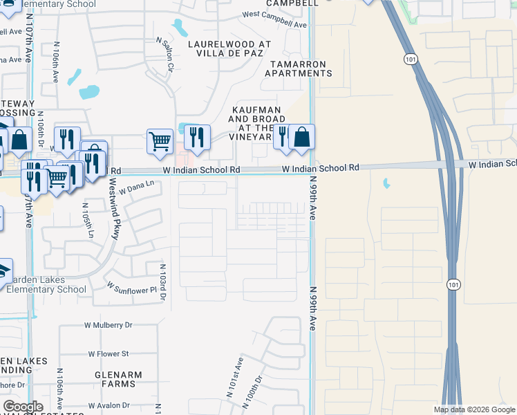 map of restaurants, bars, coffee shops, grocery stores, and more near 9943-9999 West Indian School Road in Phoenix