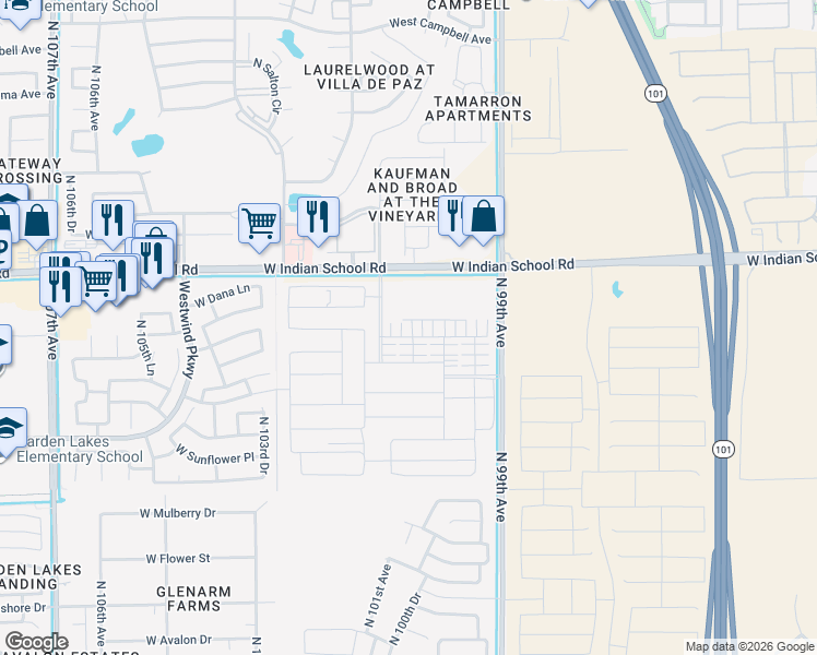 map of restaurants, bars, coffee shops, grocery stores, and more near 9943-9999 West Indian School Road in Phoenix