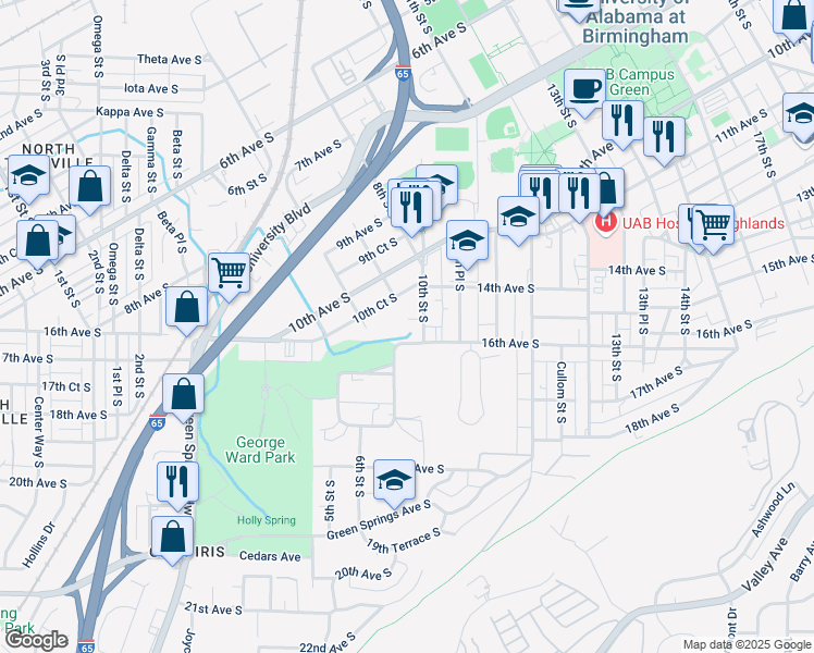 map of restaurants, bars, coffee shops, grocery stores, and more near 1420 10th Street South in Birmingham