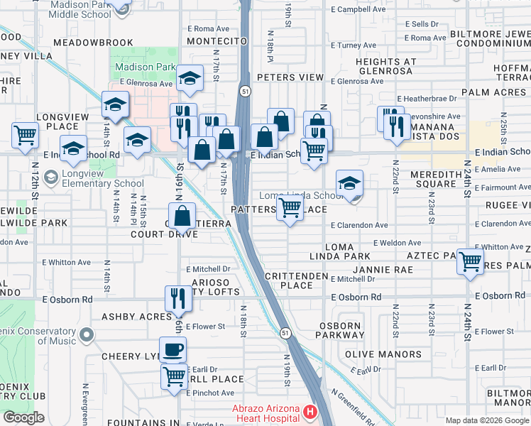 map of restaurants, bars, coffee shops, grocery stores, and more near 1815 East Indianola Avenue in Phoenix