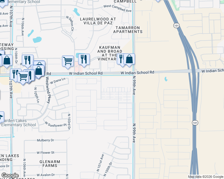 map of restaurants, bars, coffee shops, grocery stores, and more near 10038 West Piccadilly Road in Avondale