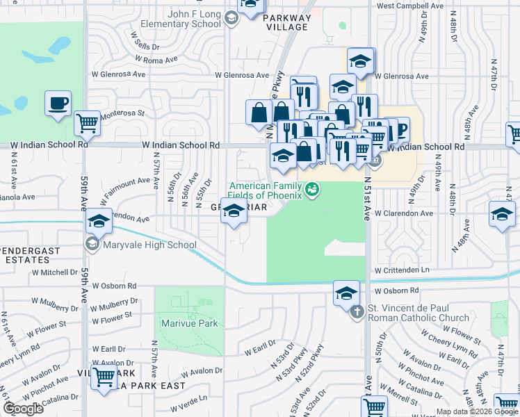 map of restaurants, bars, coffee shops, grocery stores, and more near 3810 North Maryvale Parkway in Phoenix