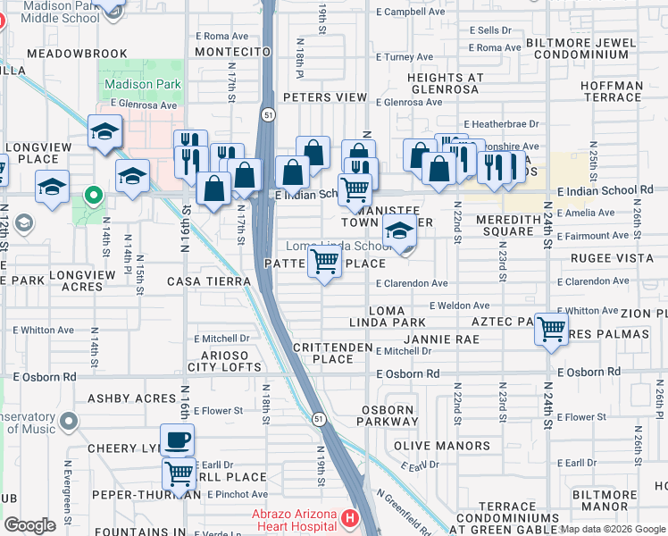 map of restaurants, bars, coffee shops, grocery stores, and more near 1901 East Indianola Avenue in Phoenix