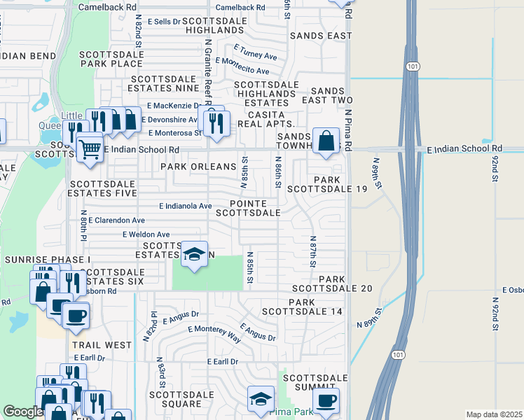 map of restaurants, bars, coffee shops, grocery stores, and more near 8532 East Indianola Avenue in Scottsdale