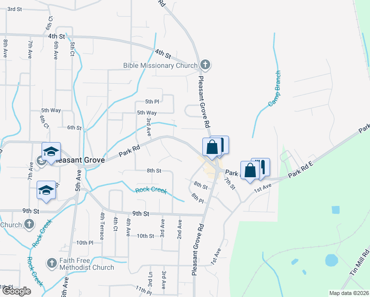 map of restaurants, bars, coffee shops, grocery stores, and more near 159 Park Road in Pleasant Grove