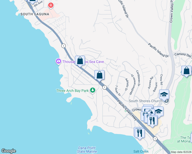 map of restaurants, bars, coffee shops, grocery stores, and more near 32416 Coast Highway in Laguna Beach