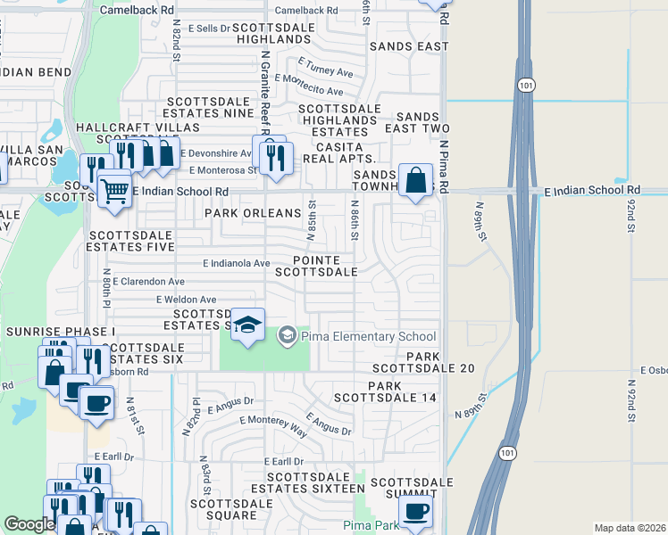 map of restaurants, bars, coffee shops, grocery stores, and more near 8532 East Indianola Avenue in Scottsdale