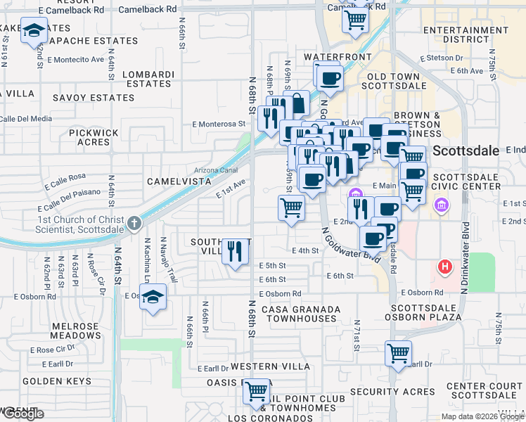 map of restaurants, bars, coffee shops, grocery stores, and more near 6804 East 2nd Street in Scottsdale