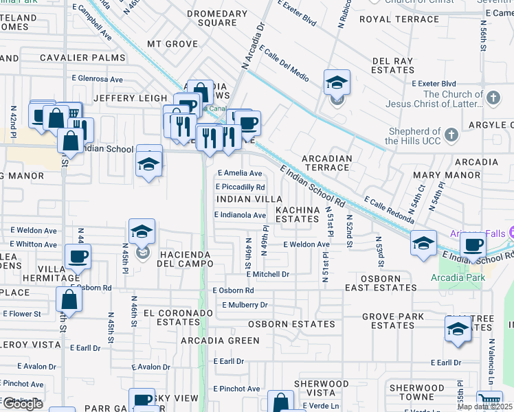 map of restaurants, bars, coffee shops, grocery stores, and more near 4917 East Fairmount Avenue in Phoenix