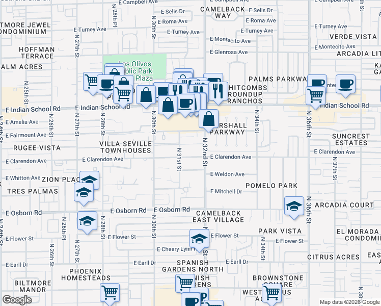 map of restaurants, bars, coffee shops, grocery stores, and more near 3138 East Clarendon Avenue in Phoenix
