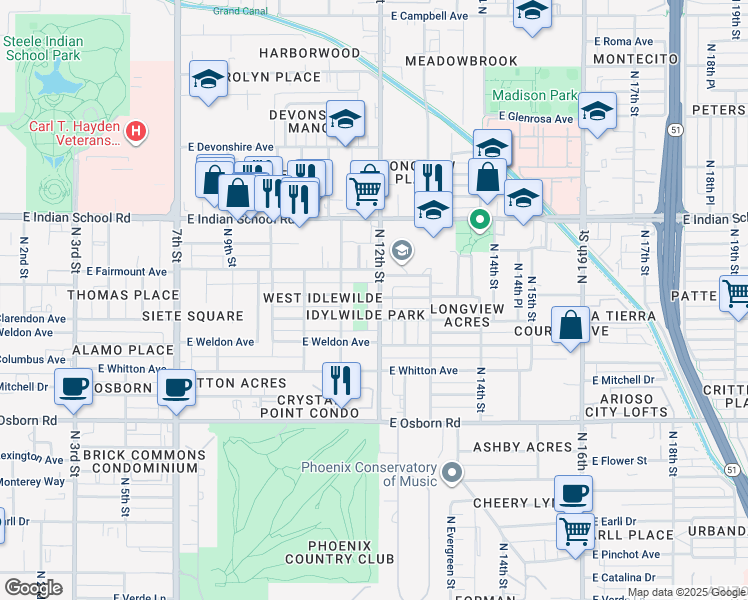 map of restaurants, bars, coffee shops, grocery stores, and more near in Phoenix