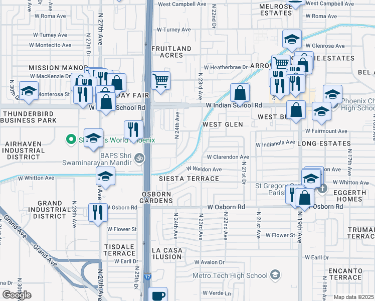 map of restaurants, bars, coffee shops, grocery stores, and more near 3824 North 23rd Drive in Phoenix
