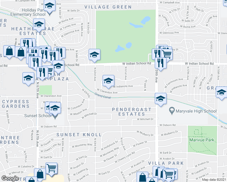 map of restaurants, bars, coffee shops, grocery stores, and more near 6135 West Indianola Avenue in Phoenix