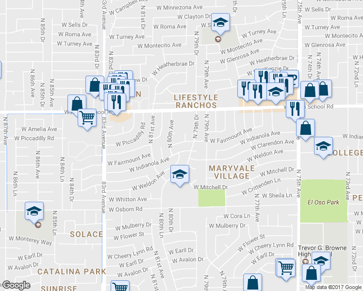 map of restaurants, bars, coffee shops, grocery stores, and more near 7964 West Fairmount Avenue in Phoenix
