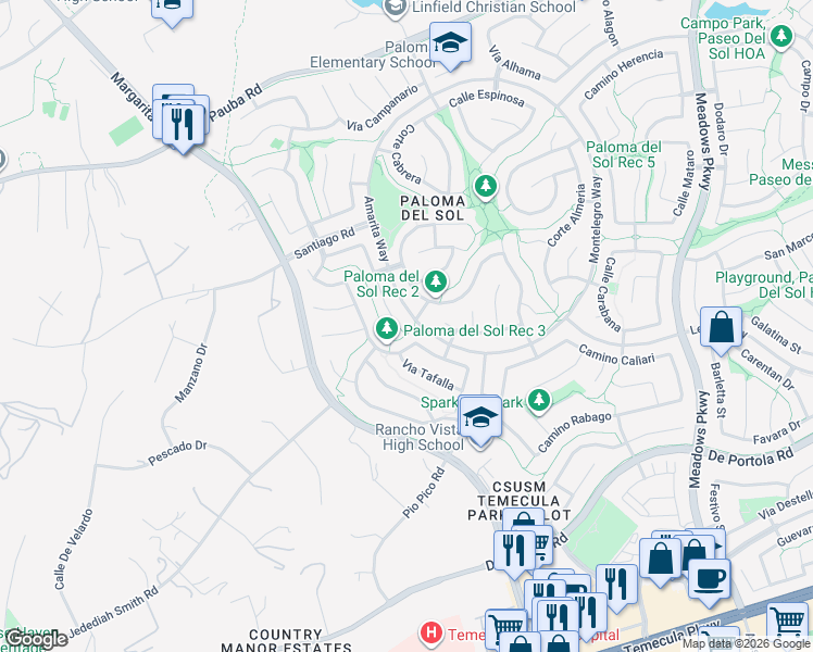 map of restaurants, bars, coffee shops, grocery stores, and more near 1134 Amarita Way in Temecula