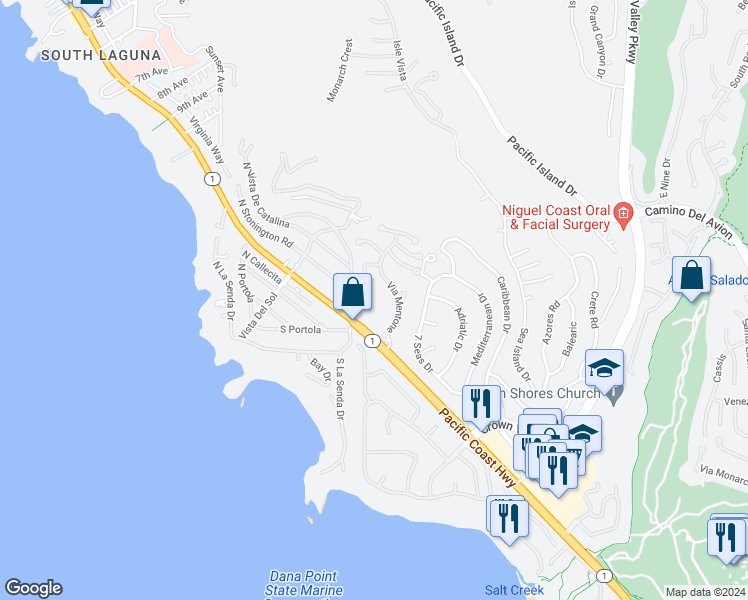 map of restaurants, bars, coffee shops, grocery stores, and more near 32421 Via Antibes in Dana Point