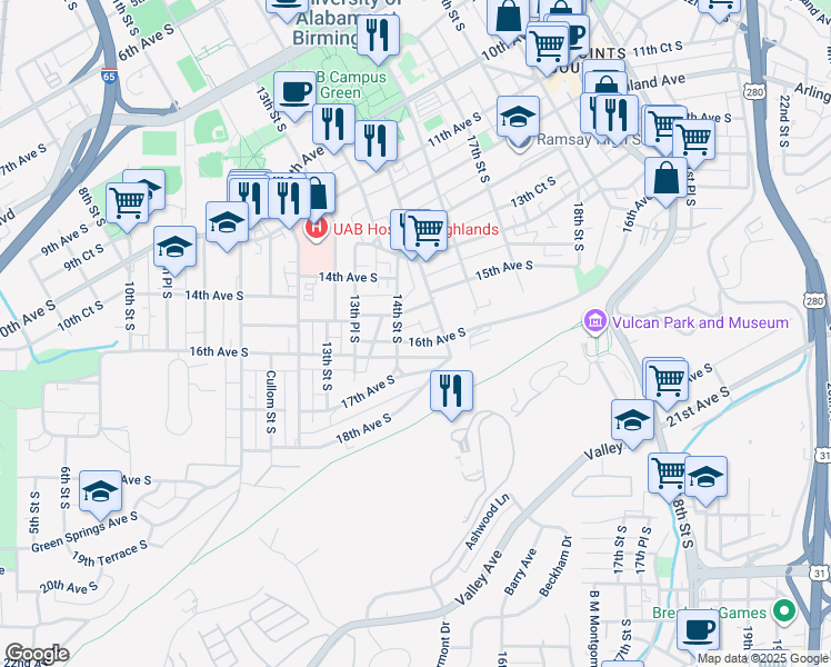 map of restaurants, bars, coffee shops, grocery stores, and more near 1542 15th Street South in Birmingham