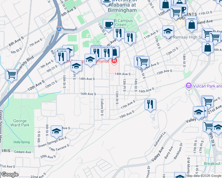 map of restaurants, bars, coffee shops, grocery stores, and more near 1215 15th Avenue South in Birmingham
