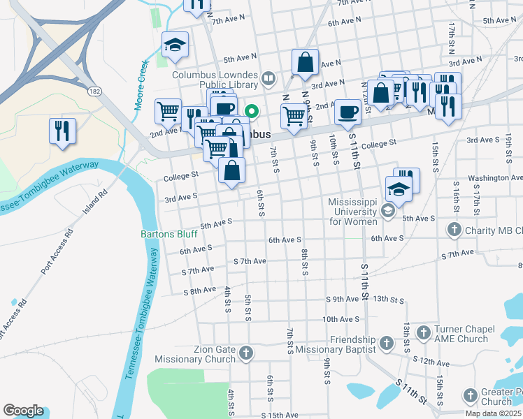 map of restaurants, bars, coffee shops, grocery stores, and more near 406 6th Street South in Columbus
