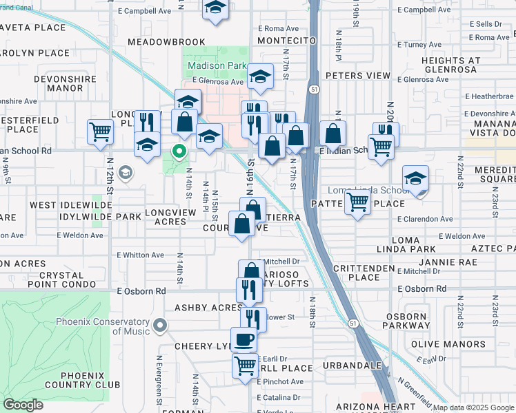 map of restaurants, bars, coffee shops, grocery stores, and more near 3823 North 16th Street in Phoenix