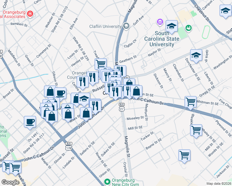map of restaurants, bars, coffee shops, grocery stores, and more near in Orangeburg