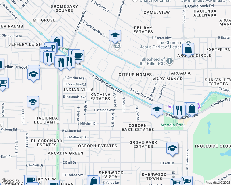 map of restaurants, bars, coffee shops, grocery stores, and more near 3649 North 51st Place in Phoenix