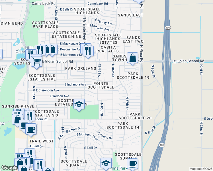 map of restaurants, bars, coffee shops, grocery stores, and more near 8532 East Indianola Avenue in Scottsdale