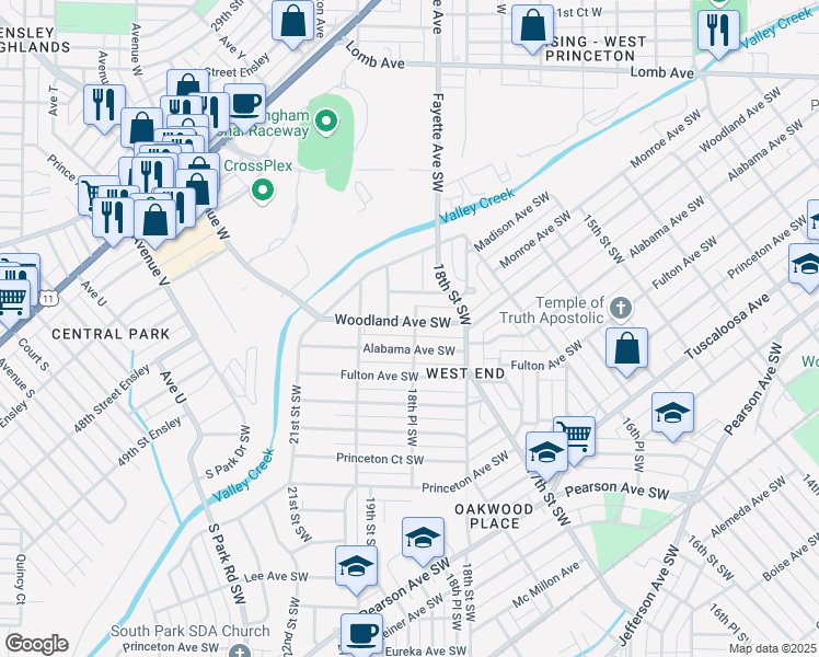 map of restaurants, bars, coffee shops, grocery stores, and more near 1849 Woodland Avenue Southwest in Birmingham