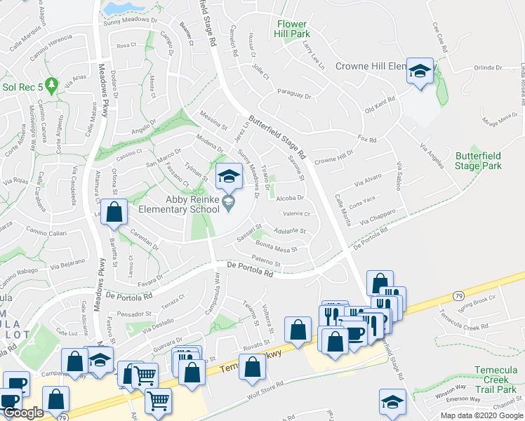 map of restaurants, bars, coffee shops, grocery stores, and more near 32882 Adelante Street in Temecula