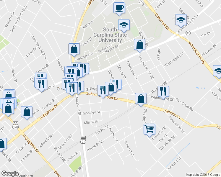 map of restaurants, bars, coffee shops, grocery stores, and more near 939 Whitman Street Southeast in Orangeburg