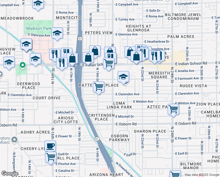 map of restaurants, bars, coffee shops, grocery stores, and more near 3818 North 20th Street in Phoenix