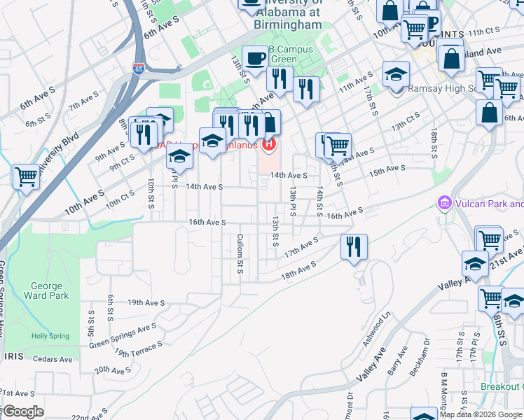 map of restaurants, bars, coffee shops, grocery stores, and more near 1215 15th Avenue South in Birmingham