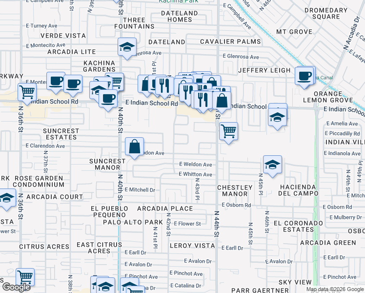 map of restaurants, bars, coffee shops, grocery stores, and more near 4227 East Indianola Avenue in Phoenix