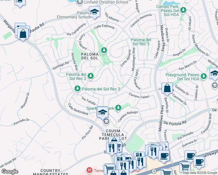 map of restaurants, bars, coffee shops, grocery stores, and more near 43555 Corte Logrono in Temecula