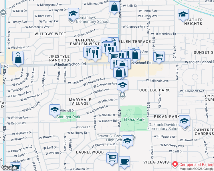 map of restaurants, bars, coffee shops, grocery stores, and more near 7539 West Clarendon Avenue in Phoenix