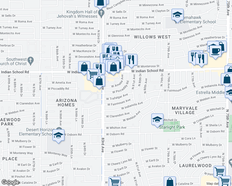 map of restaurants, bars, coffee shops, grocery stores, and more near 8231 West Piccadilly Road in Phoenix