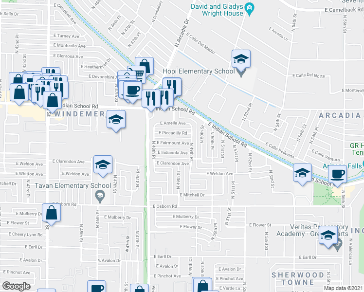 map of restaurants, bars, coffee shops, grocery stores, and more near 4917 East Fairmount Avenue in Phoenix