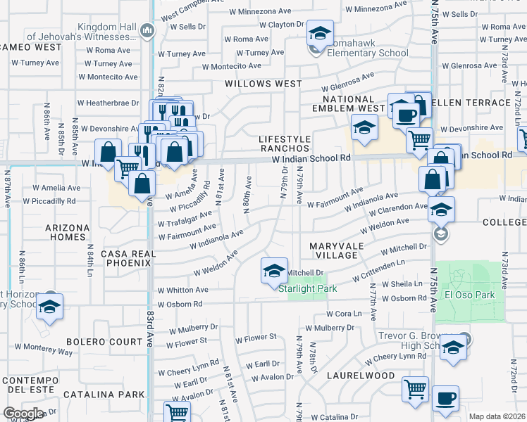 map of restaurants, bars, coffee shops, grocery stores, and more near 7964 West Fairmount Avenue in Phoenix