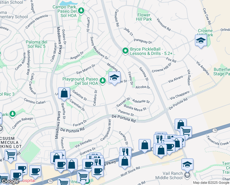 map of restaurants, bars, coffee shops, grocery stores, and more near 43799 Sunny Meadows Drive in Temecula