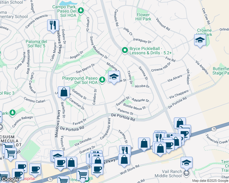 map of restaurants, bars, coffee shops, grocery stores, and more near 43799 Sunny Meadows Drive in Temecula