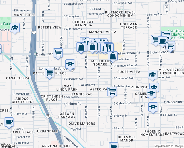 map of restaurants, bars, coffee shops, grocery stores, and more near 2221 East Indianola Avenue in Phoenix