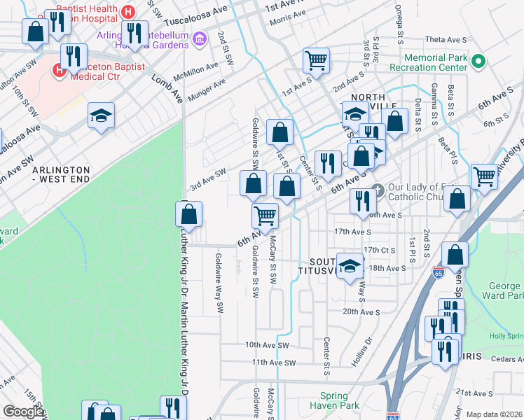 map of restaurants, bars, coffee shops, grocery stores, and more near 165 5th Avenue Southwest in Birmingham