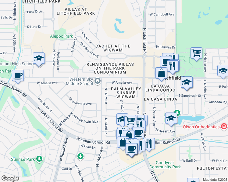 map of restaurants, bars, coffee shops, grocery stores, and more near 14295 West Piccadilly Avenue in Goodyear