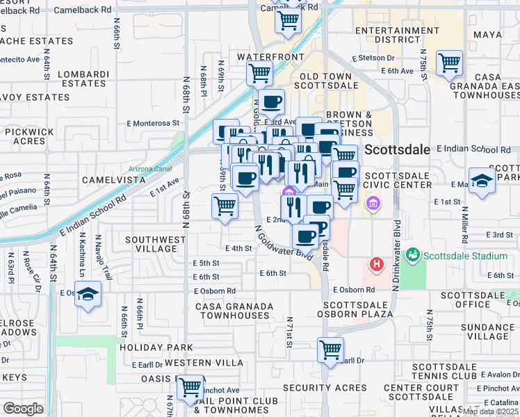 map of restaurants, bars, coffee shops, grocery stores, and more near 3833 North Goldwater Boulevard in Scottsdale