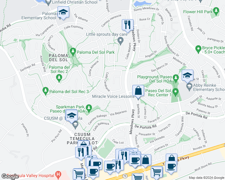 map of restaurants, bars, coffee shops, grocery stores, and more near 32176 Vía Flore in Temecula
