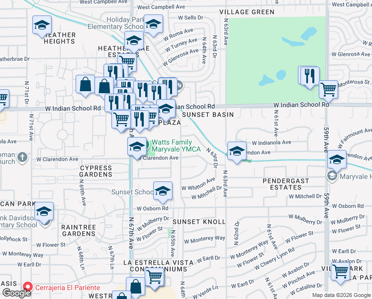 map of restaurants, bars, coffee shops, grocery stores, and more near 6443 West Fairmount Avenue in Phoenix