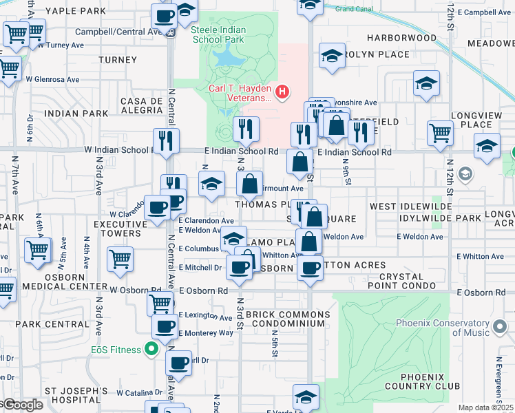 map of restaurants, bars, coffee shops, grocery stores, and more near 3820 North 4th Street in Phoenix